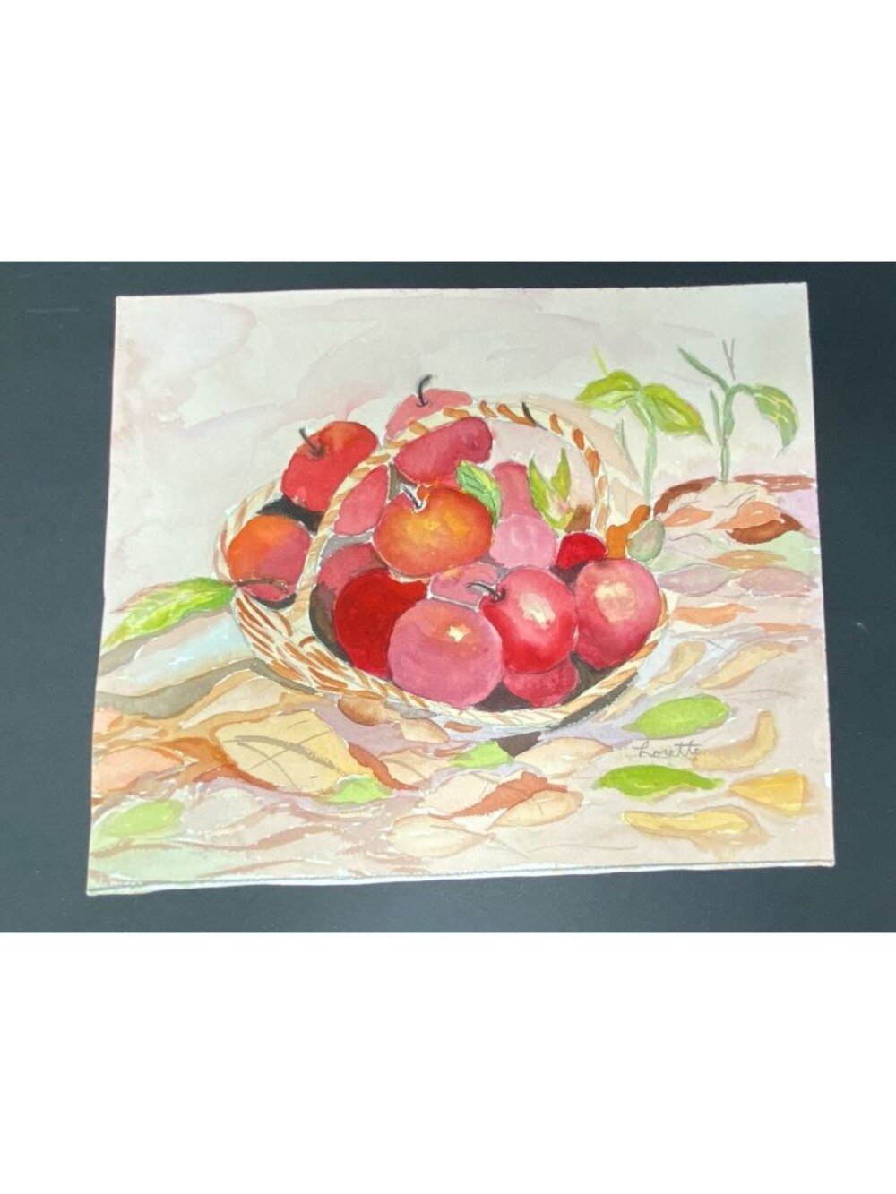Watercolor Painting Red Apples In Wicker Basket Signed by Artist 8x10